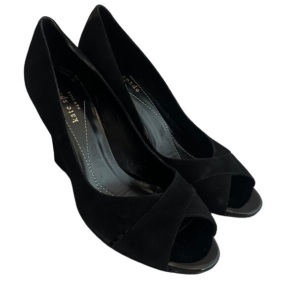 Kate Spade New York Black Peep Toe Wedge Sandals Cutout Velvet Size 6.5 Women's - Picture 1 of 11